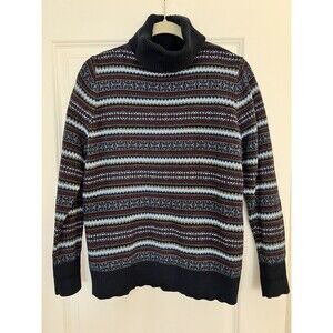 L.L. Bean Navy Fair Isle Turtleneck Sweater Large Petite Vintage Cotton/Cashmere